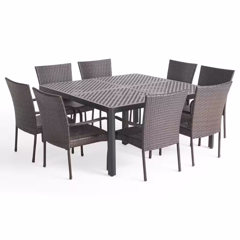 Noble House Bullpond Matte Black and Multibrown 9-Piece Aluminum and Wicker Square Table Outdoor Dining Set