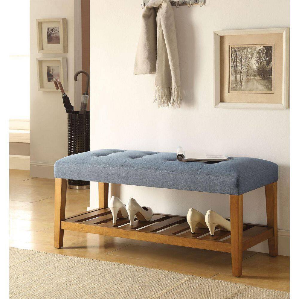 None 18 in. H x 40 in. W Wood Shoe Storage Bench with Blue Cushion