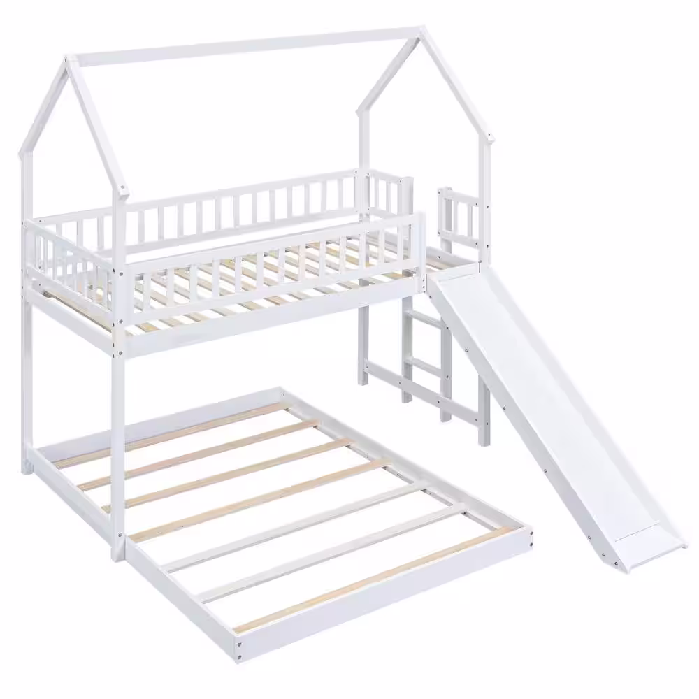 Harper & Bright Designs L-Shaped White Twin over Full Wood House Bunk Bed with Built-in Ladder and Slide