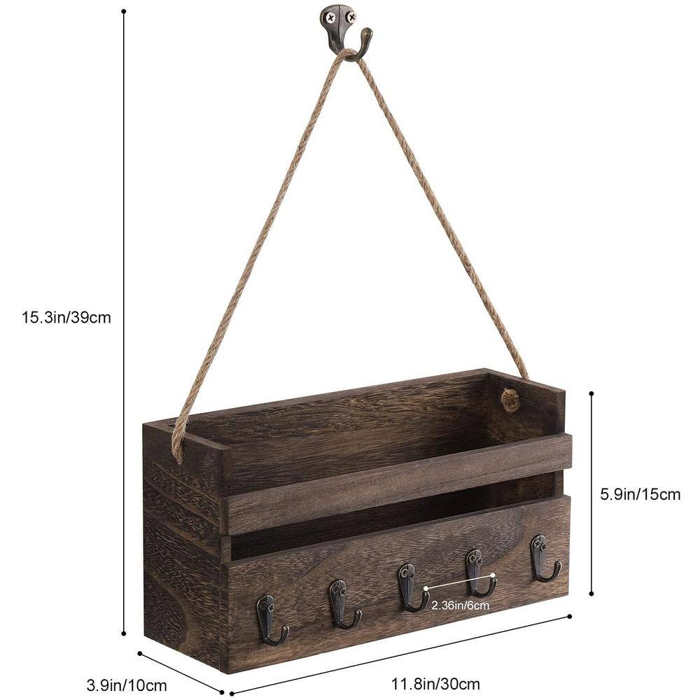 None Brown Rustic Key Hangers and Mail Sorter, Wood Decorative Mail Shelf with 5-Hooks, Key Holder