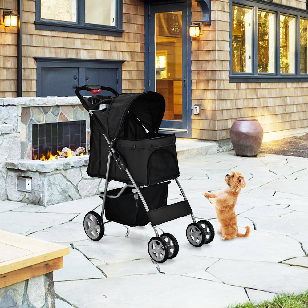 WELLFOR Foldable Pet Carrier 4-Wheel Pet Stroller in Black with Adjustable Canopy and Storage Basket