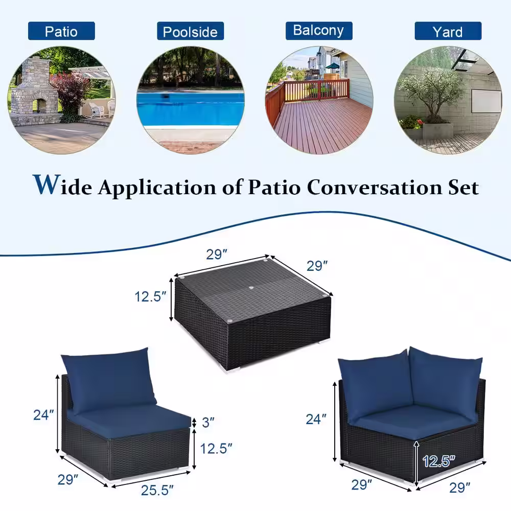 Costway 7-Piece Wicker Patio Conversation Set with Navy Cushions and Table