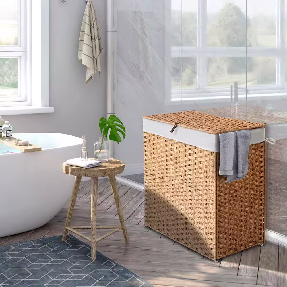 None 110L Rattan Laundry Basket Hamper with 2 Removable Liner Bags Natural