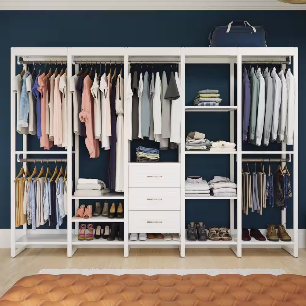 CLOSETS By LIBERTY 113 in. W White Adjustable Tower Wood Closet System with 3 Drawers and 18 Shelves