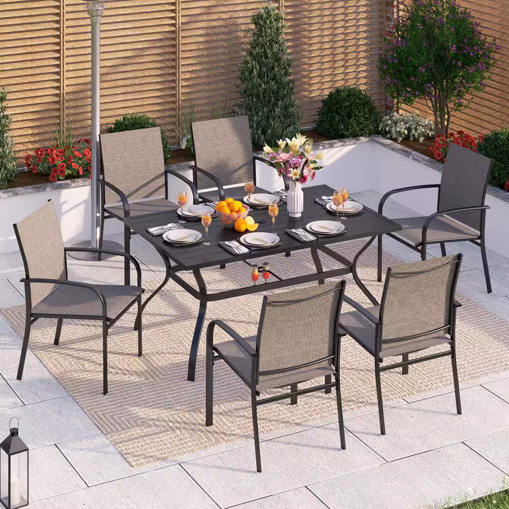 None Black 7-Piece Metal Slat Rectangle Table Outdoor Patio Dining Set with Brown Textilene Chairs