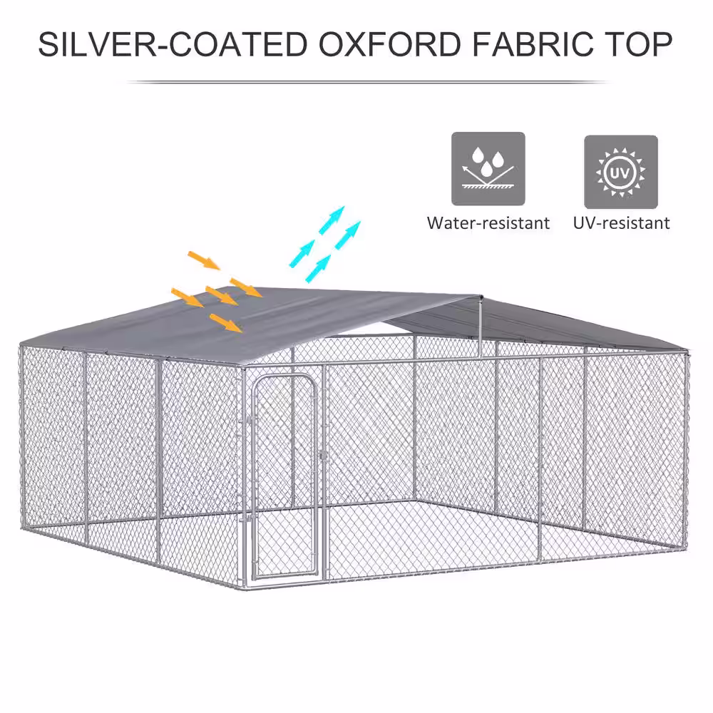PawHut Silver Galvanized Steel Dog Kennel with Cover Secure Lock Mesh Sidewalls