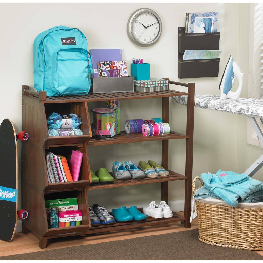 None 37.80 H 9-Pair 3-Tier Brown Wood Shoe Rack