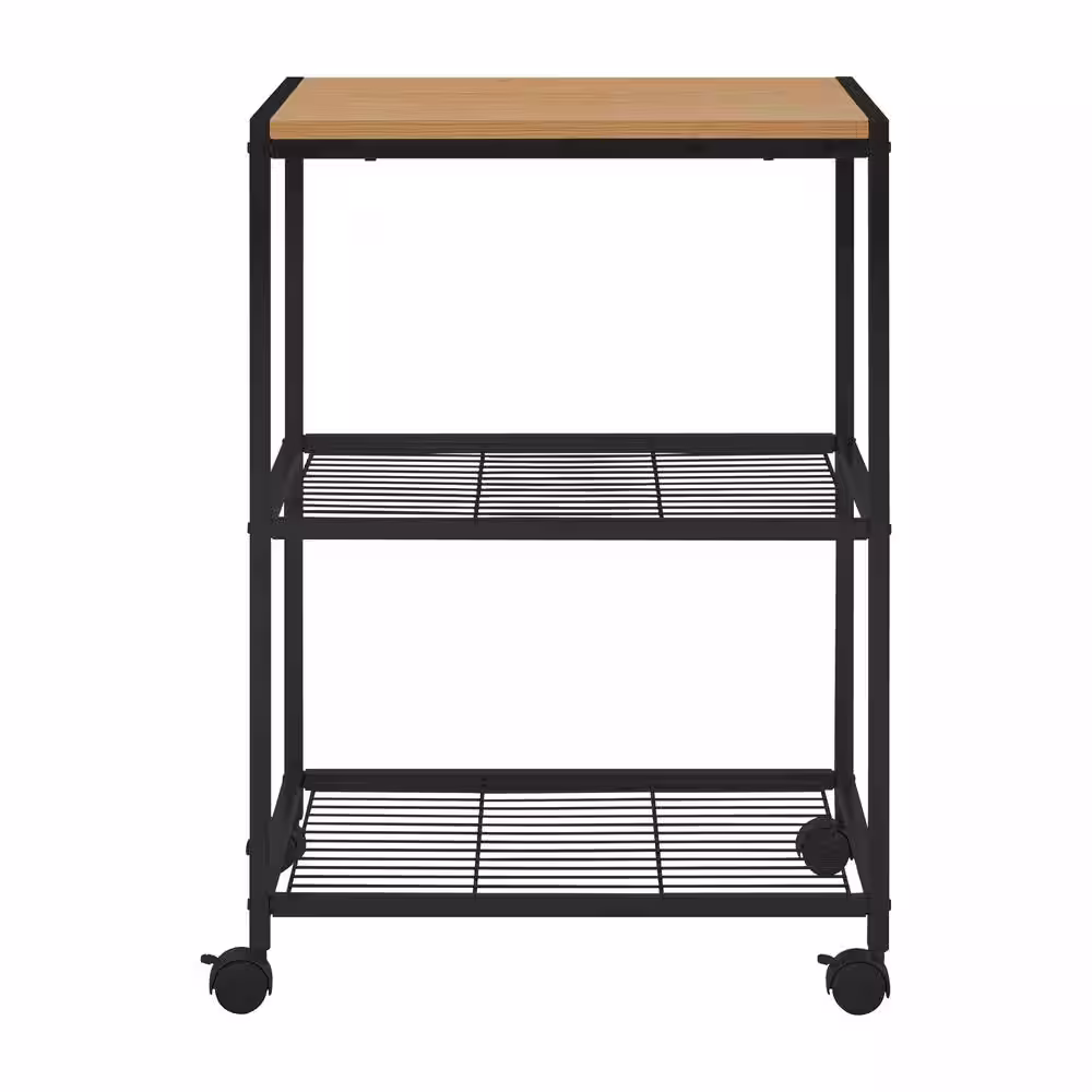 StyleWell Industrial Black Metal Rolling Kitchen Microwave Cart with Wooden Top and 2-Tier Shelving (24