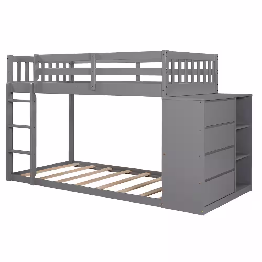 Qualler Gray Twin over Twin Bunk Bed with 4 Drawers and 3 Shelves