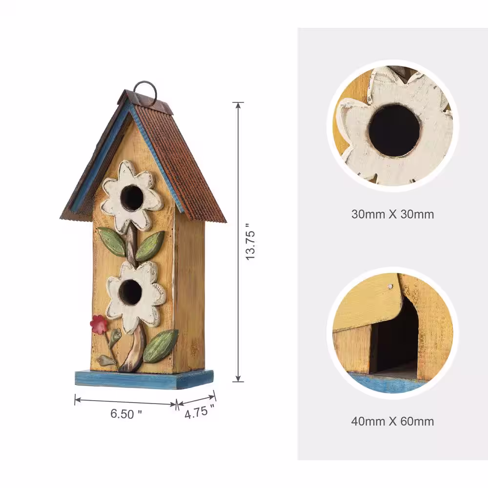 Glitzhome 13.75 in. H 2-Tiered Distressed Solid Wood Birdhouse with Flower