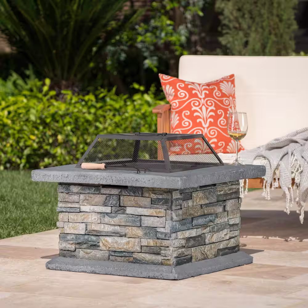 Noble House Crestline 29.00 in. x 17.10 in. Square Natural Stone Fire Pit