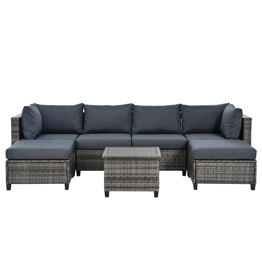 Nestfair 7-Piece Wicker Patio Conversation Set with Gray Cushions and Coffee Table