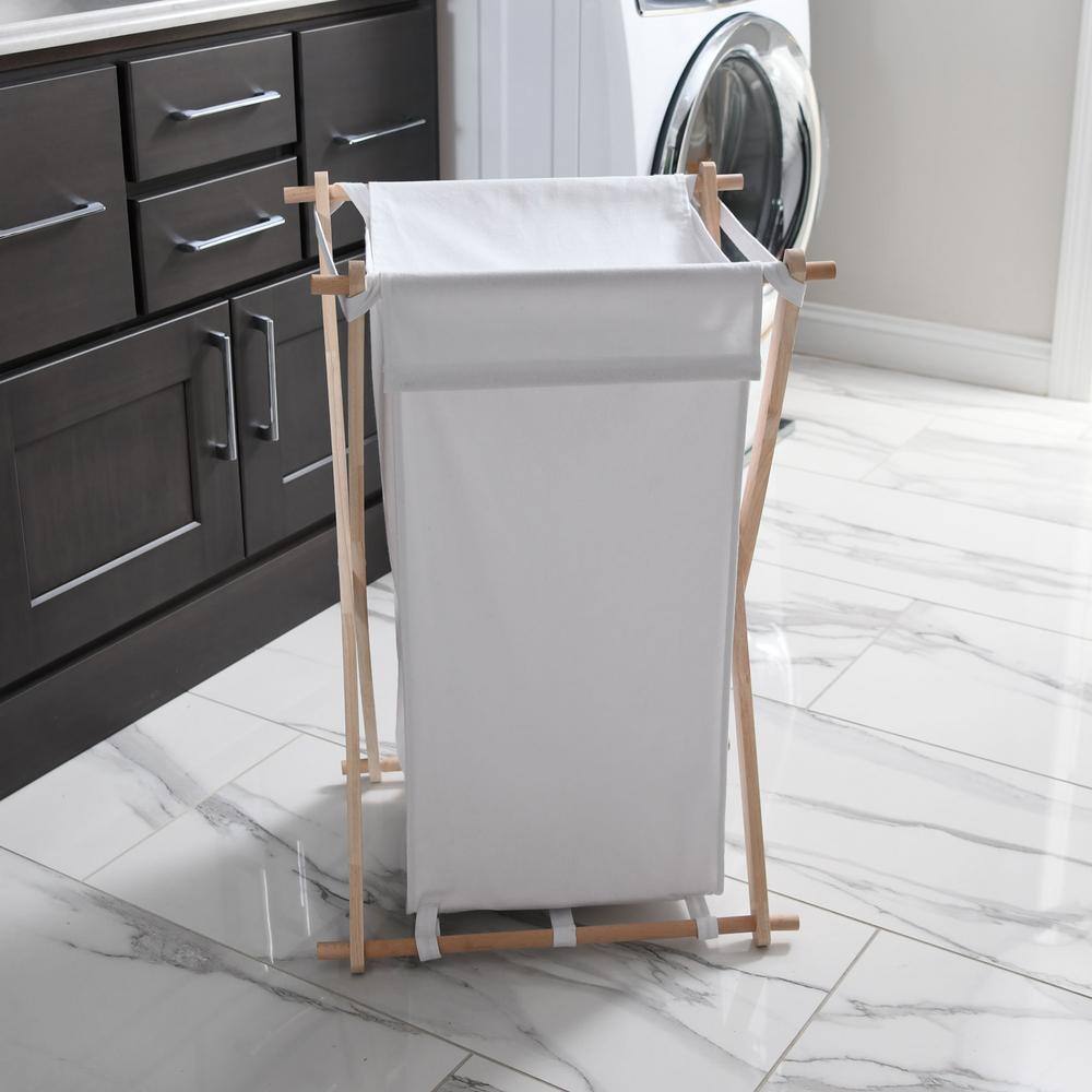 HOUSEHOLD ESSENTIALS X-Frame Wood Laundry Hamper Folding Wood Frame with Washable Poly-Cotton Bag