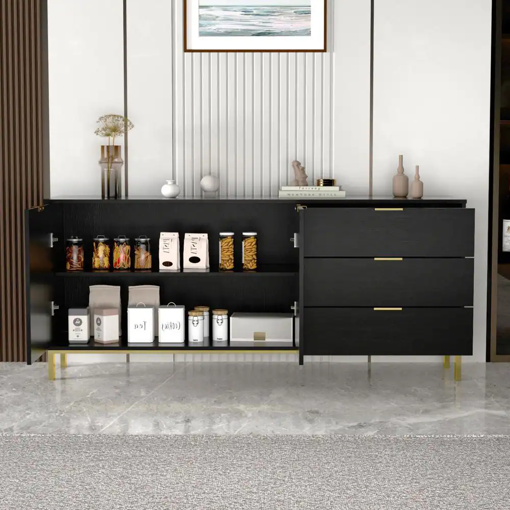 None 62.9 in. W Black Paint Sideboard Kitchen Buffet Cupboard with Drawers and Shelves, Metal Legs