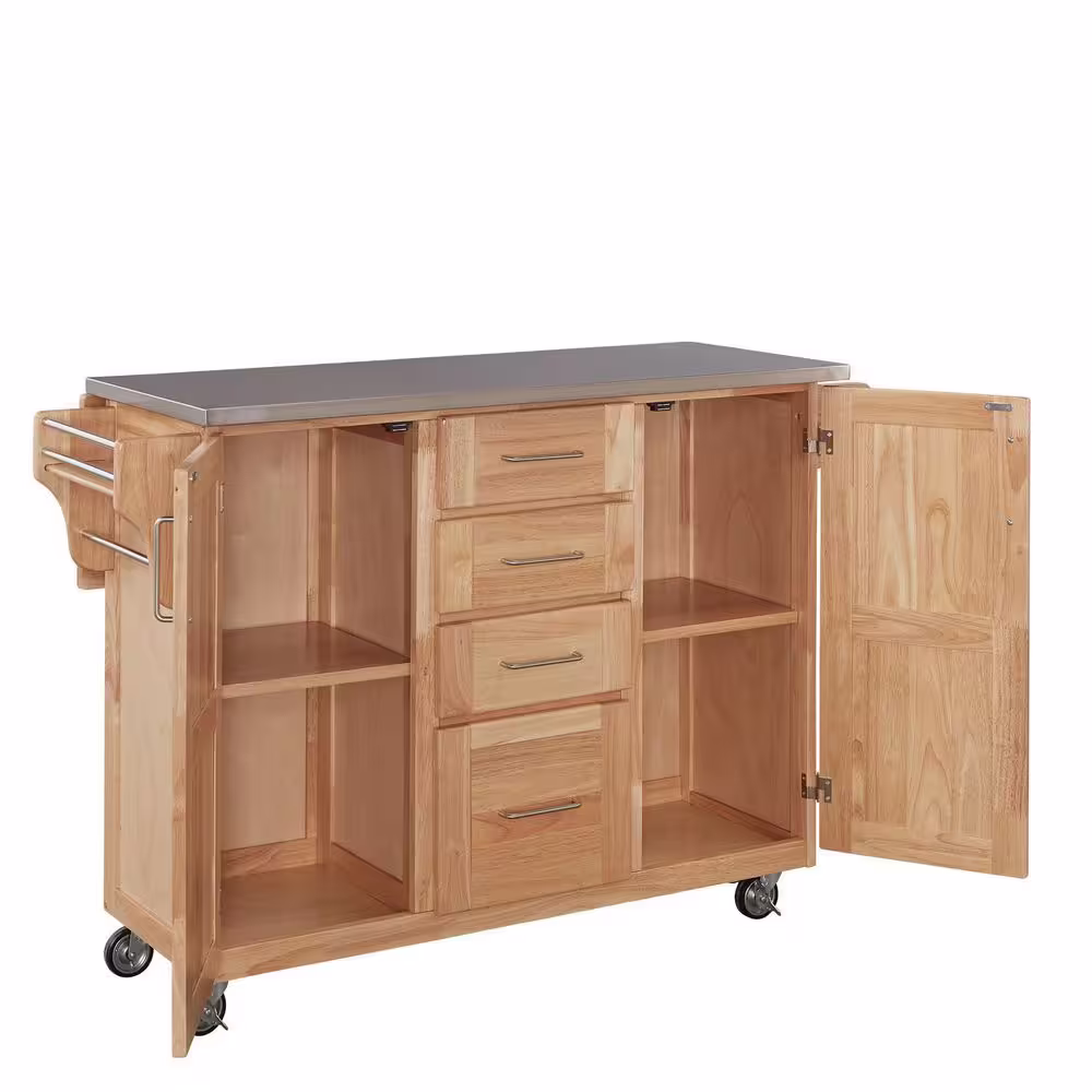 HOMESTYLES Natural Wood Kitchen Cart with Stainless Top and Breakfast Bar