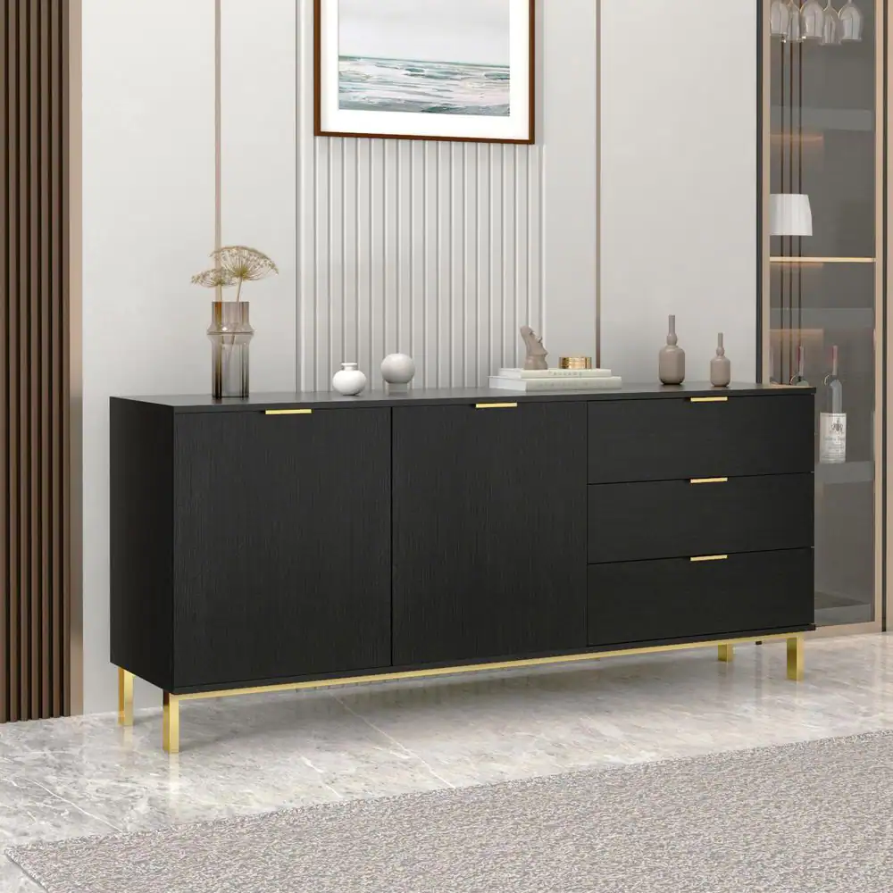 None 62.9 in. W Black Paint Sideboard Kitchen Buffet Cupboard with Drawers and Shelves, Metal Legs