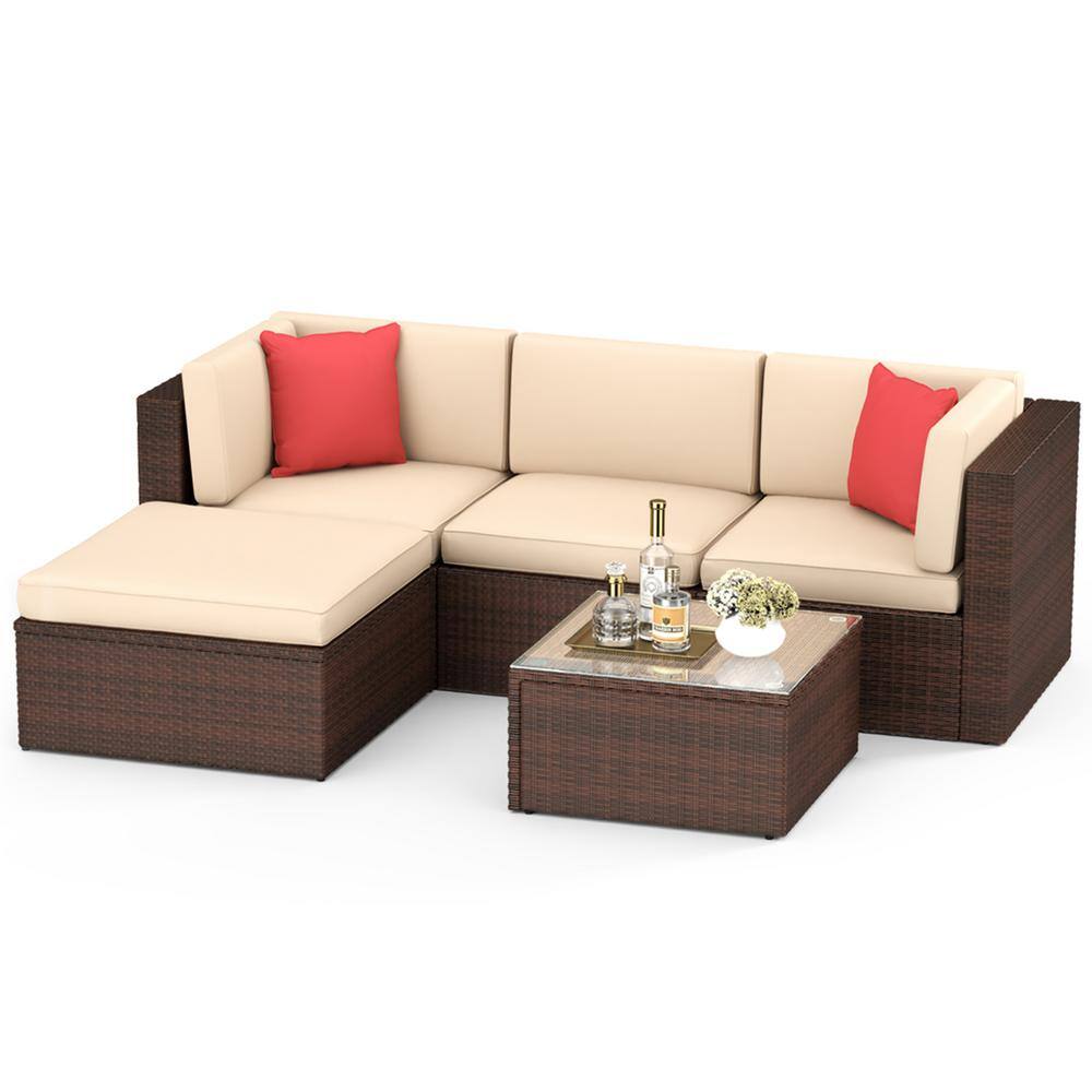 None 5-Piece Brown Wicker Outdoor Patio Conversation Set with Beige Cushions and Coffee Table