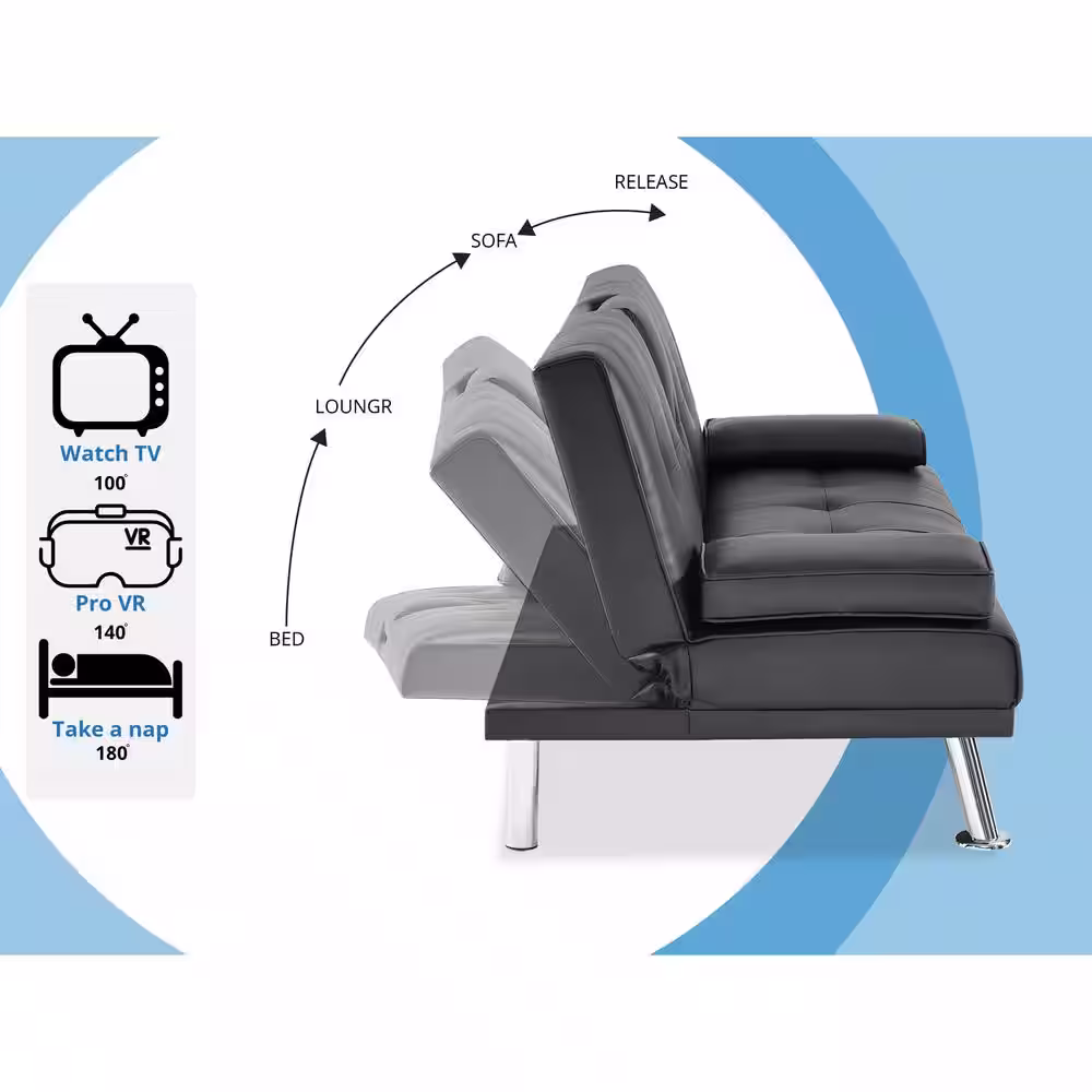 MAYKOOSH Gray, Futon Sofa Bed Faux Leather Futon Couch with Armrest and 2-Cupholders, Sofa Bed Couch Convertible with Metal Legs