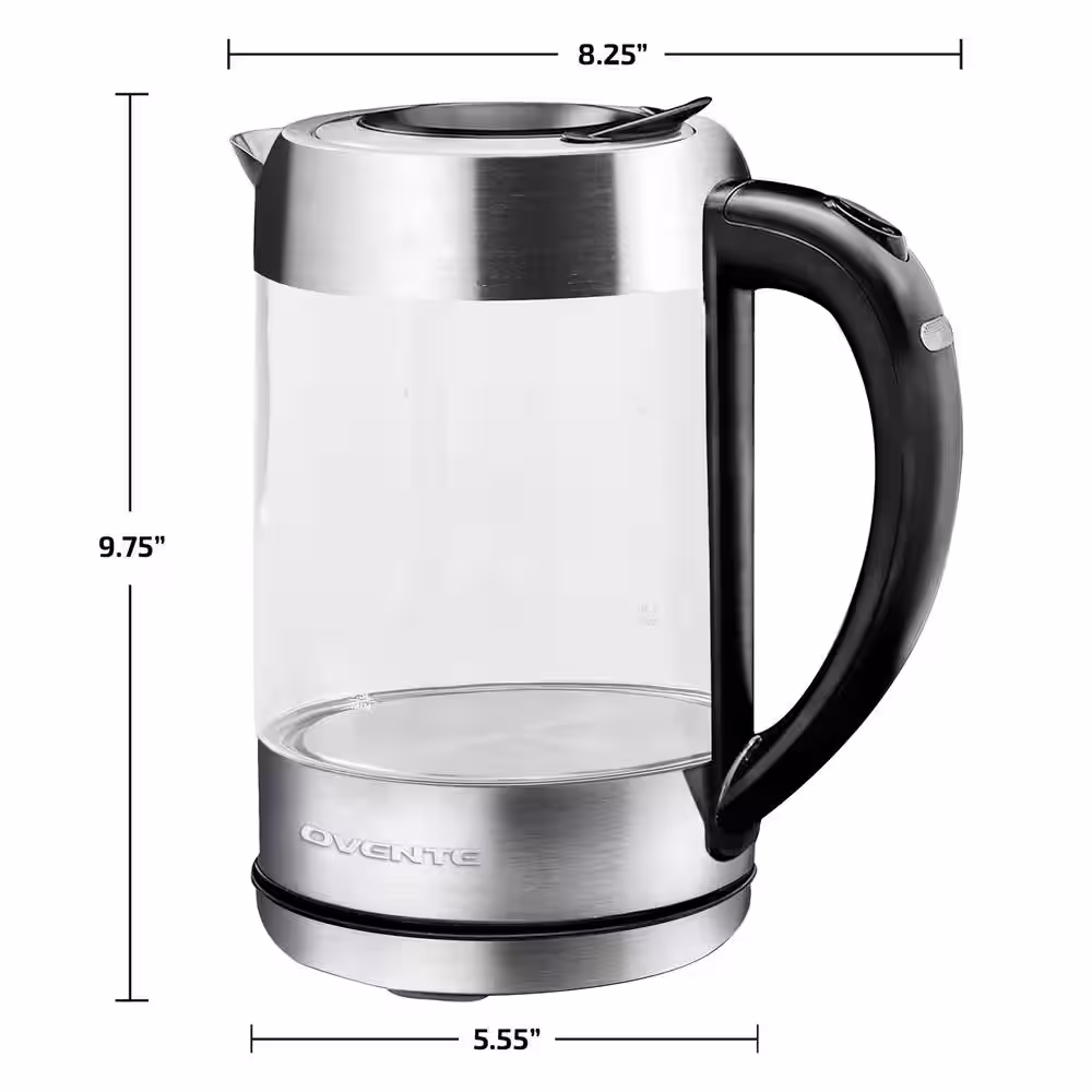 OVENTE 7-Cup 1.7 l Silver Glass Electric Kettle with ProntoFill Technology-Fill Up with Lid On