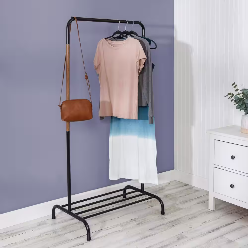 Honey-Can-Do Black/Natural Steel Clothes Rack with Shoe Shelf 29.5 in. W x 61 in. H