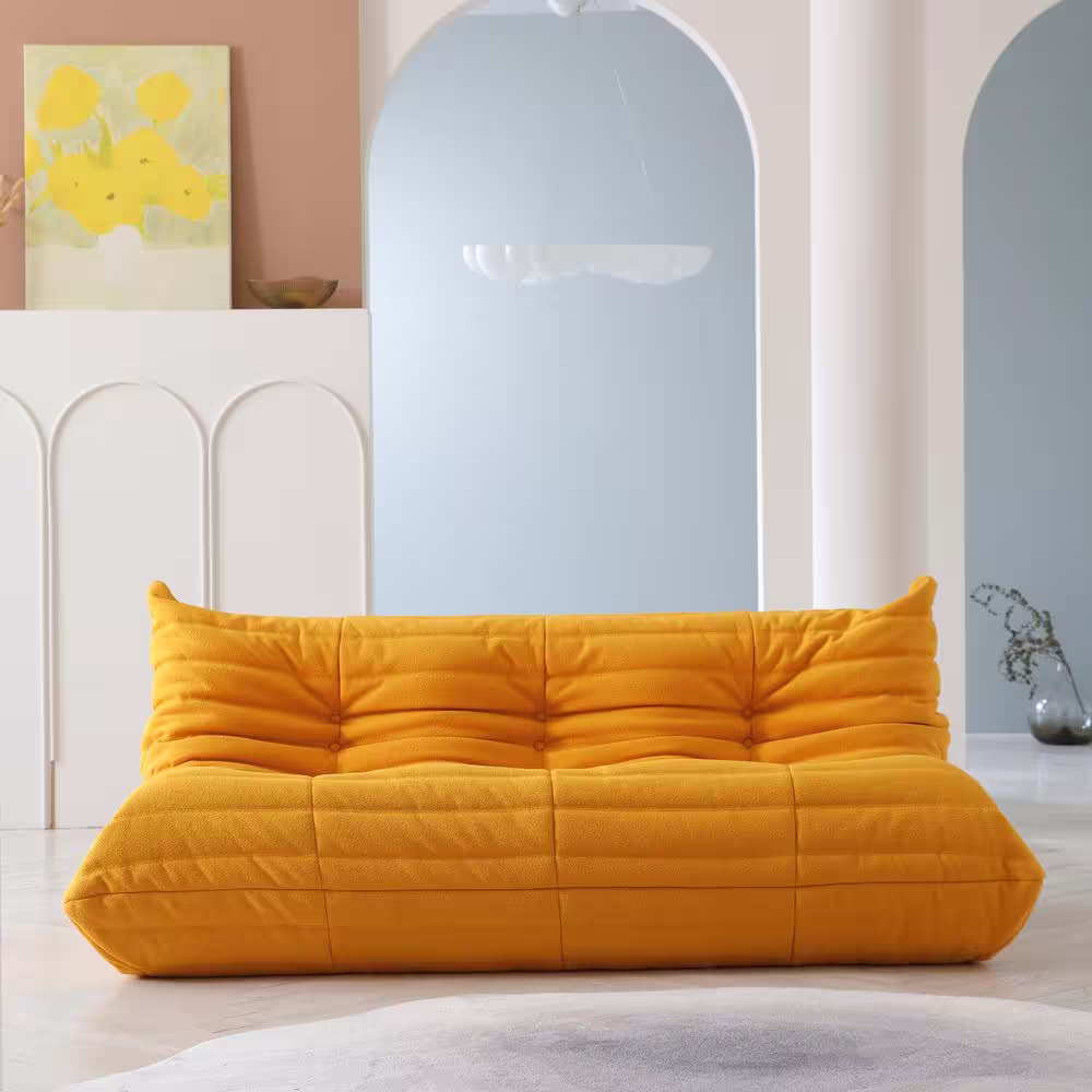 Magic Home 3 Pieces Bean Bag Teddy Velvet Top Thick Seat Living Room Lazy Sofa in Yellow (2 Seater + 3 Seater + Ottoman )