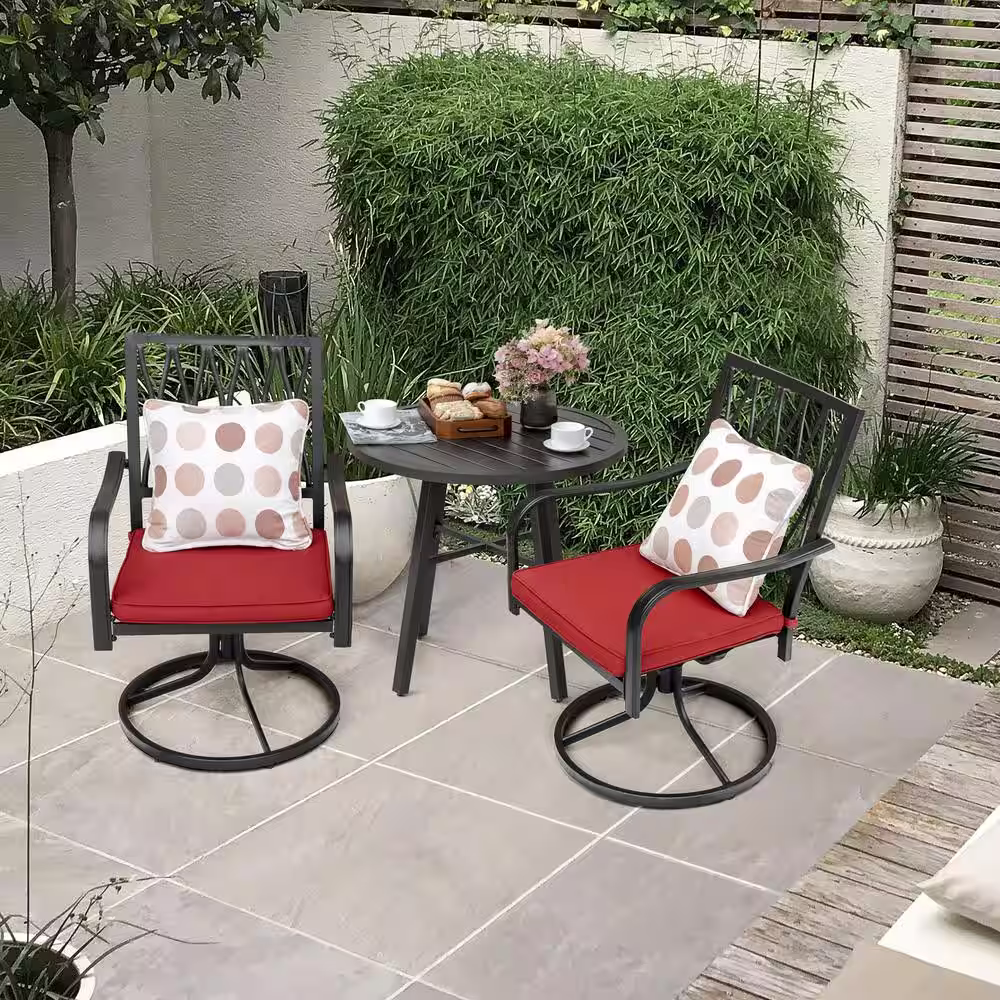 Nuu Garden 3-Piece Metal Swivel Patio Bistro Set with Red Cushions