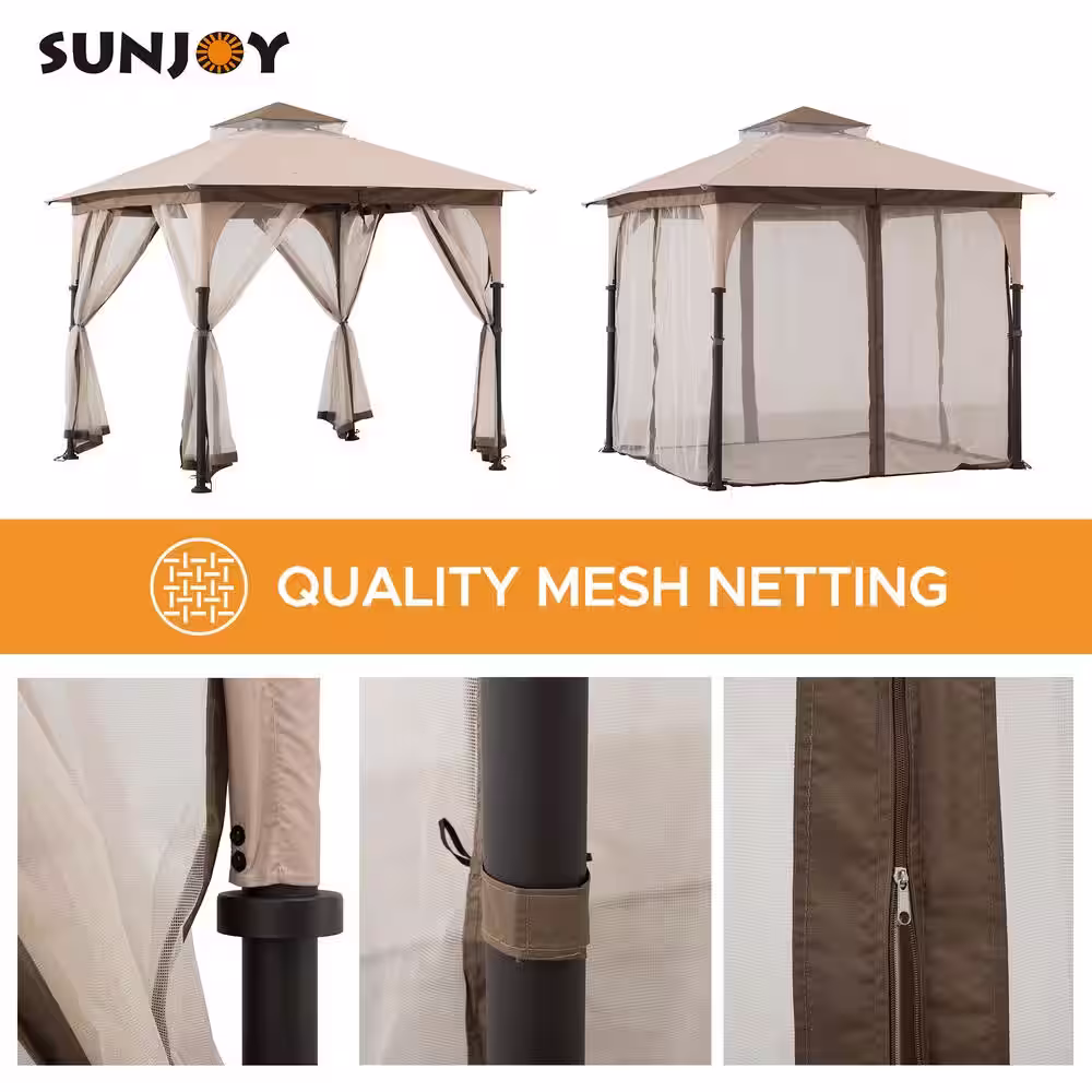 Sunjoy Gianna 9.5. ft. x 9.5 ft. Tan and Brown 2-Tone Steel Gazebo with Mosquito Netting