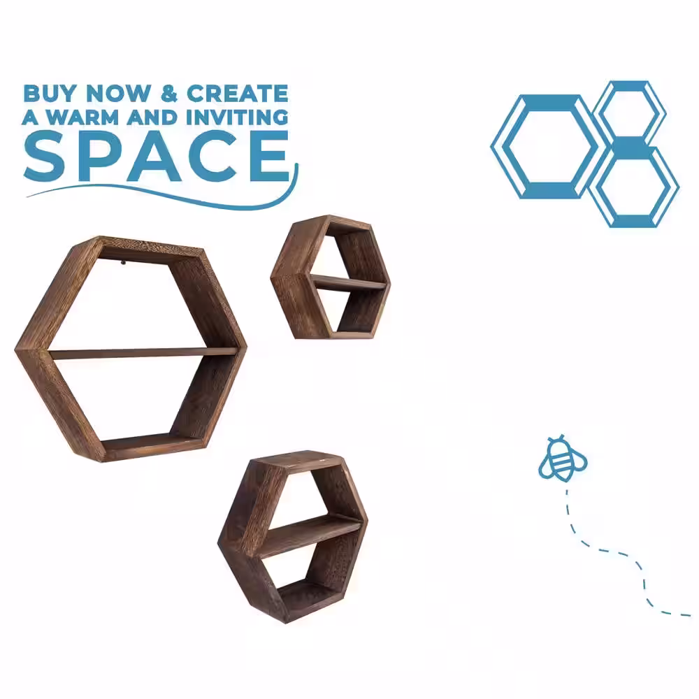 None 22 in. x 22 in. x 4 in. Wood Rustic Wall Mounted Hexagonal Floating Shelves (Set of 3)