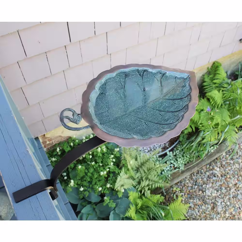 Achla Designs 12 in. Tall Antique Brass Plated Aspen Leaf Birdbath with Rail Mount Bracket