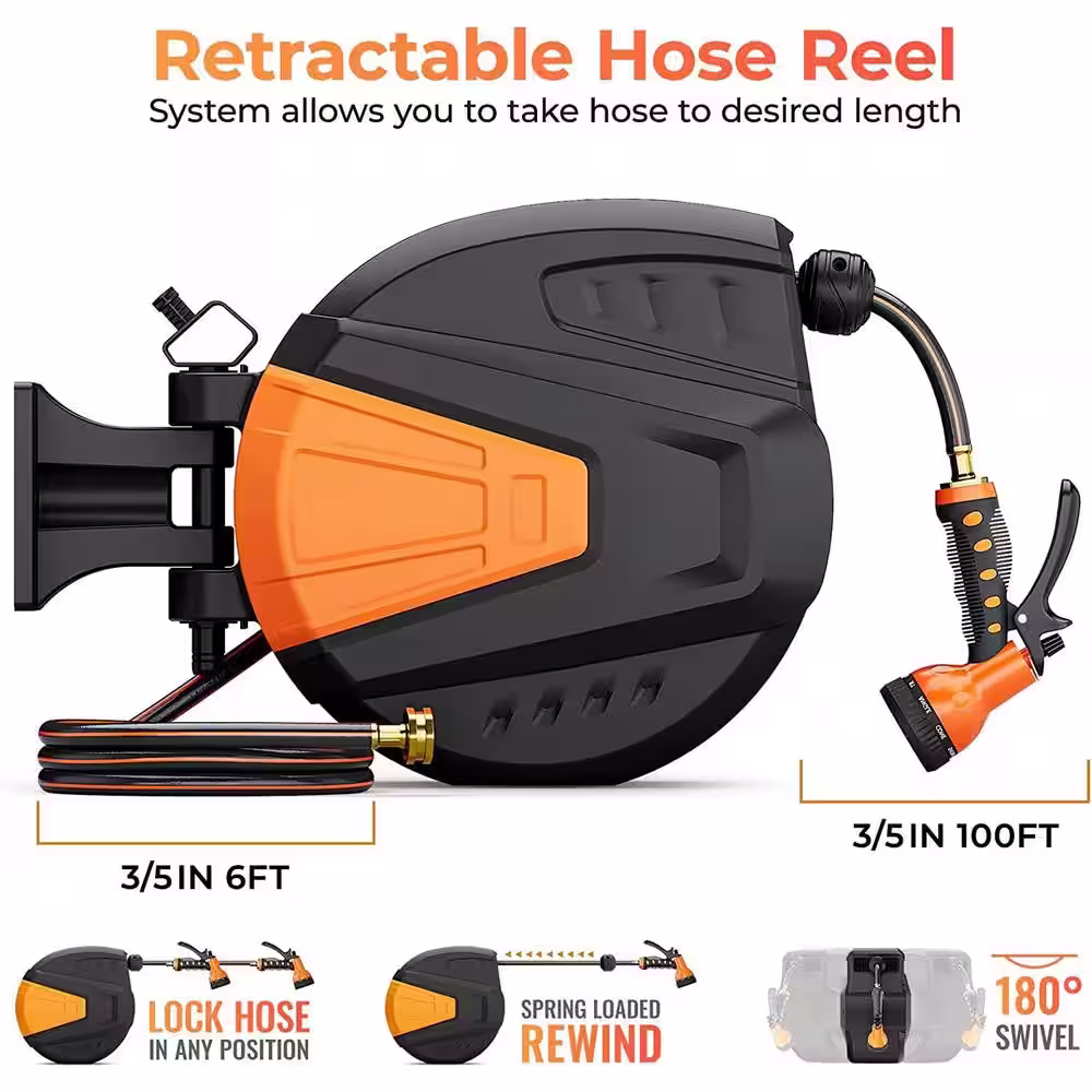 None 1/2 in. Dia x 100 ft. Wall Mounted Hose Reel with 9-Function Sprayer Nozzle