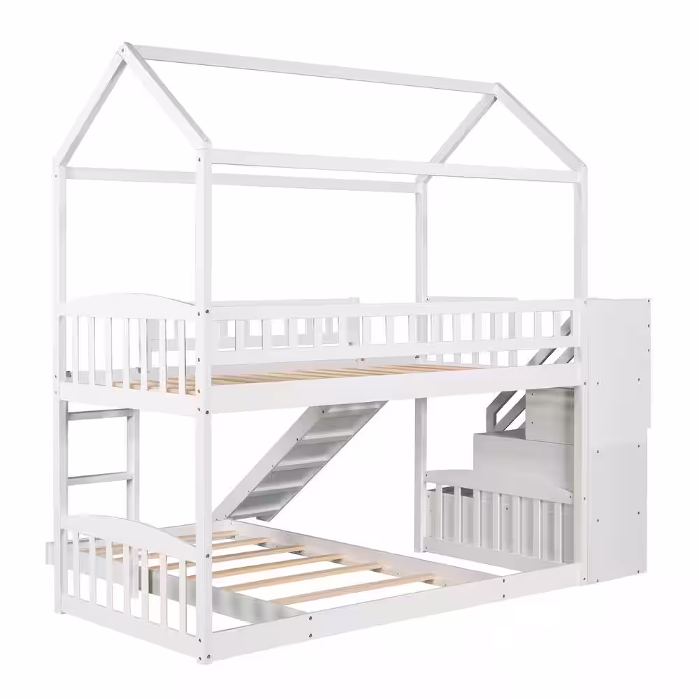 Harper & Bright Designs White Twin Over Twin Wood House Bunk Bed with 2-Drawers, Stairs and Slide