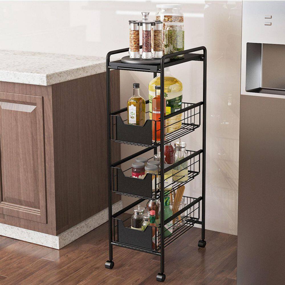 None Black Rolling 4-Tier Carbon Steel Shelving Unit (14.1 in. W x 33.4 in. H x 9.4 in. D)
