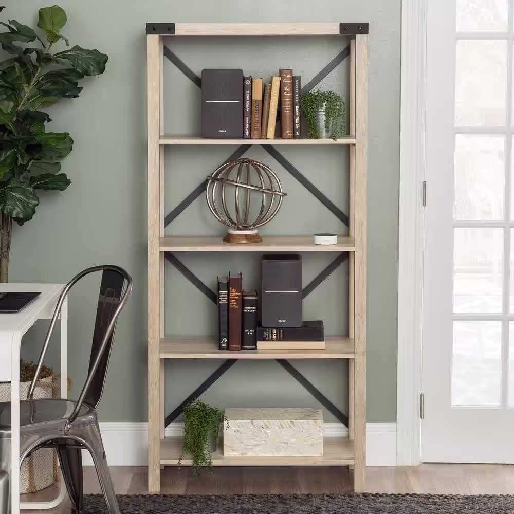 Walker Edison Furniture Company 64 in. White Oak Wood 4-shelf Etagere Bookcase with Open Back