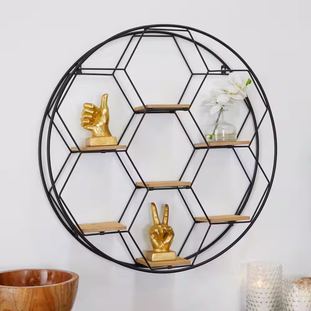 Litton Lane Black Round 7 Shelves Metal Wall Shelf