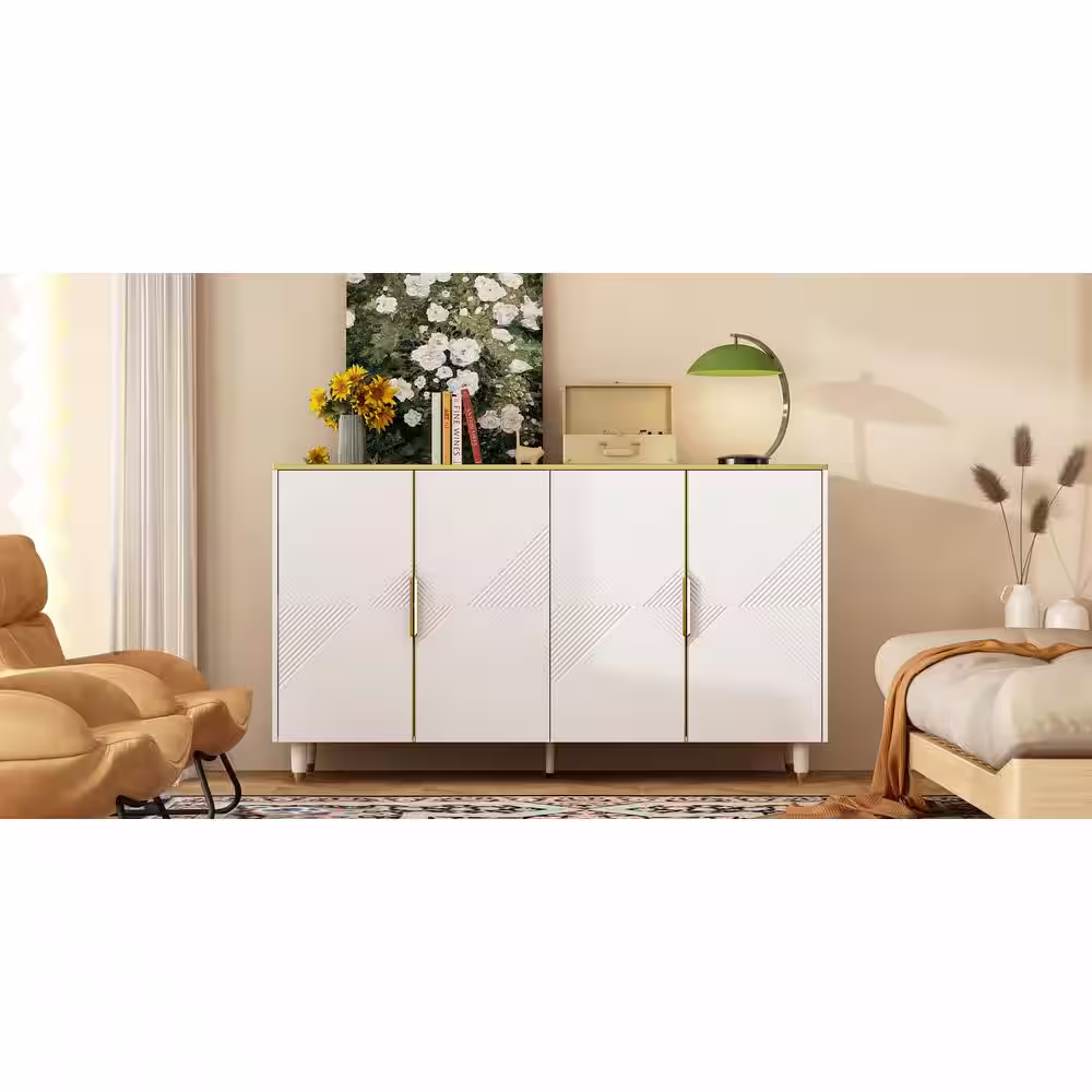 None 63 in. W White Rectangle Wood Diamond Texture Console Table Entryway Table Hallway Living Room with Adjustable Shelves