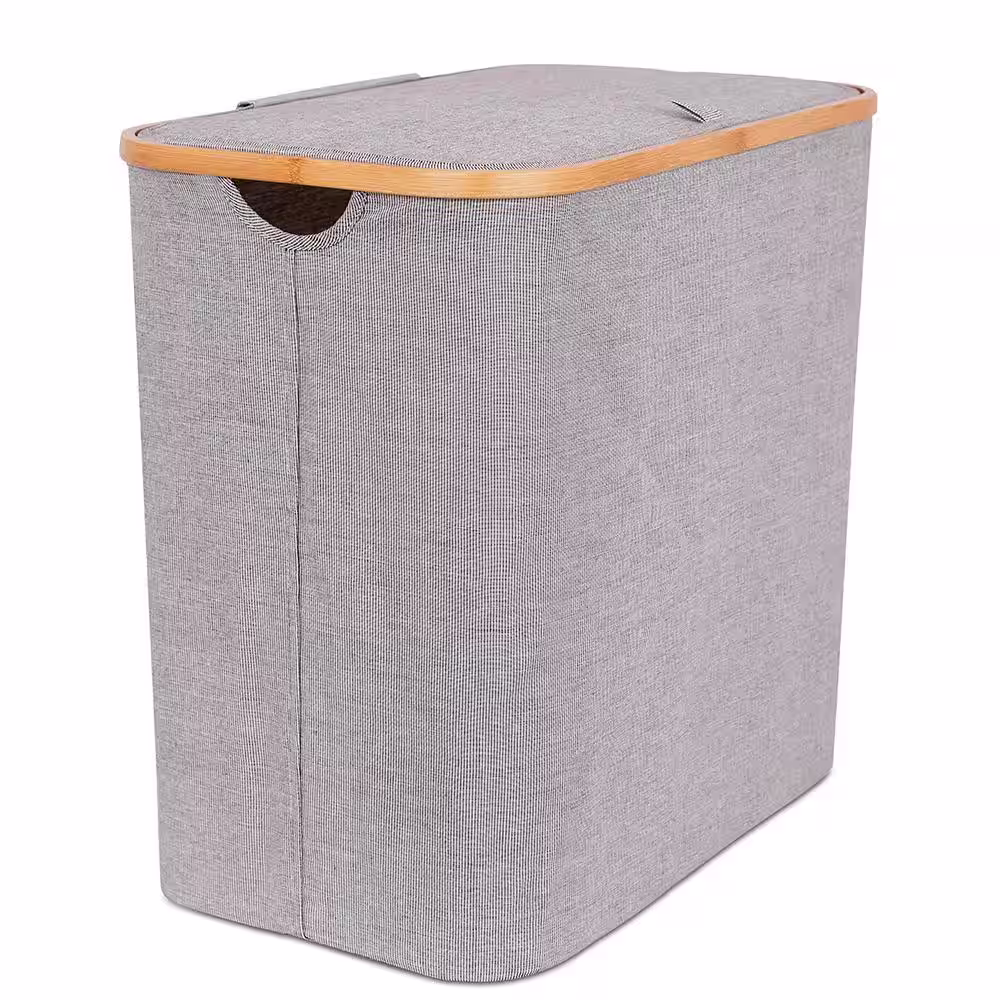 BirdRock Home Grey Bamboo and Canvas Hamper with Cut Out Handles