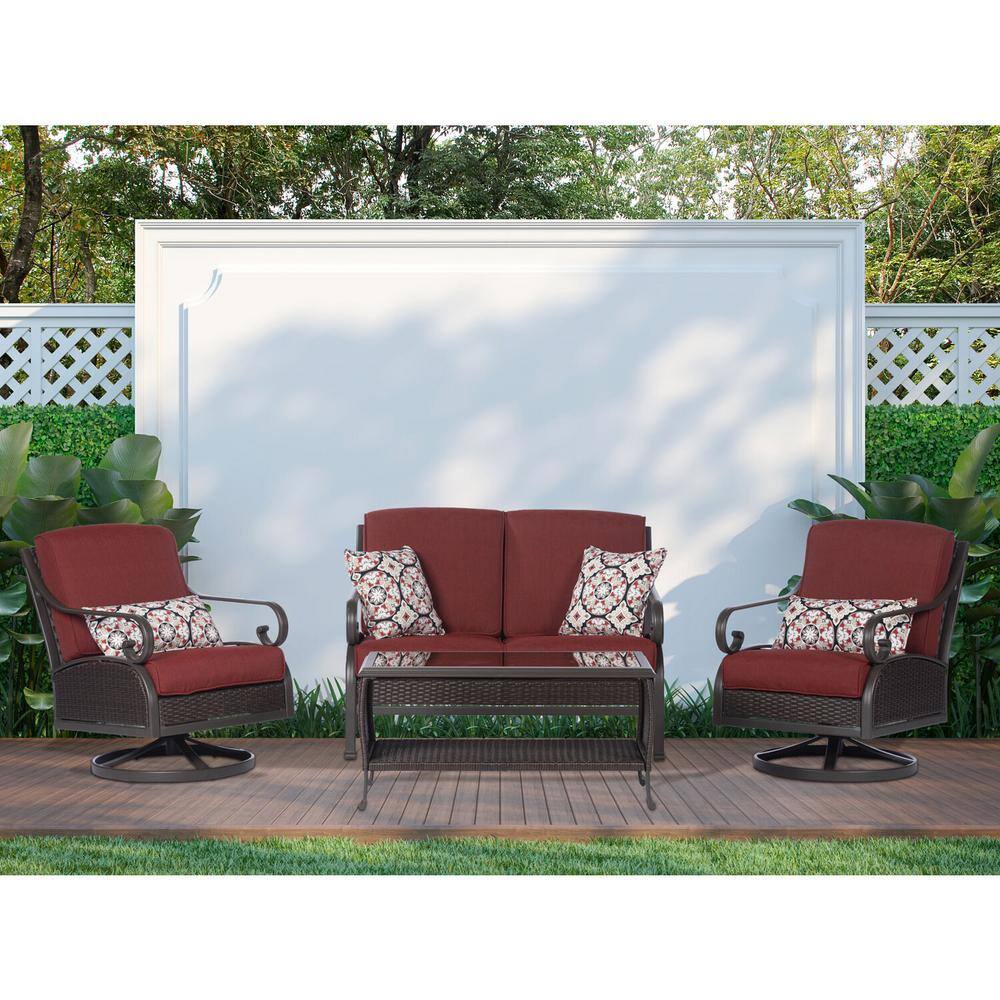 Hanover Madrid 4-Piece Wicker Patio Conversation Set w/ Red Cushions, 2 Swivel Chairs, Loveseat, Coffee Table, All-Weather