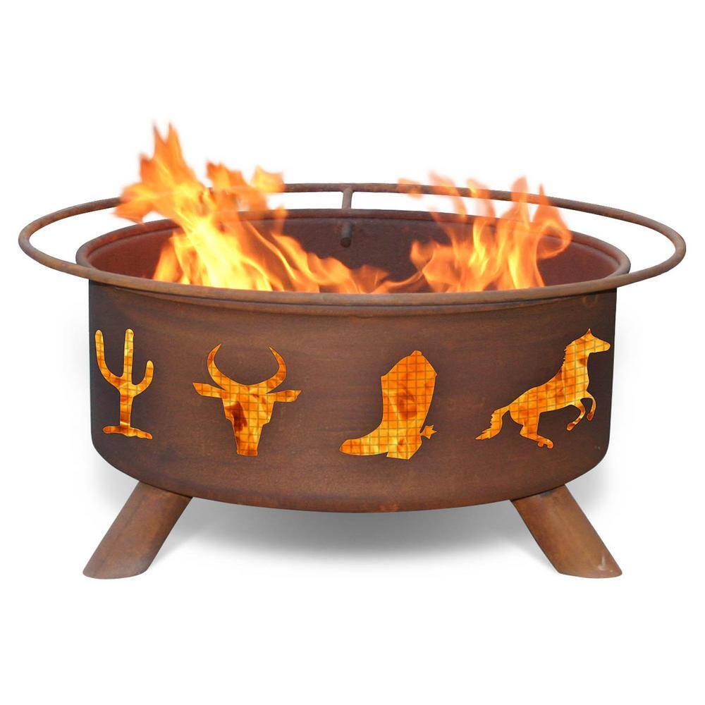 None Western Cowboy 29 in. x 18 in. Round Steel Wood Burning Fire Pit in Rust with Grill Poker Spark Screen and Cover