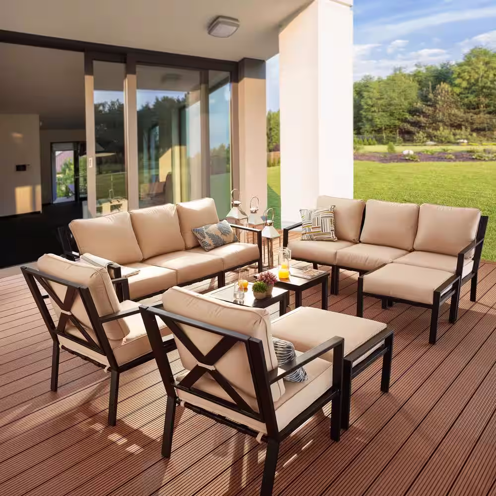 Patio Festival X-Back 12-Piece Metal Patio Conversation Seating Set with Beige Cushions