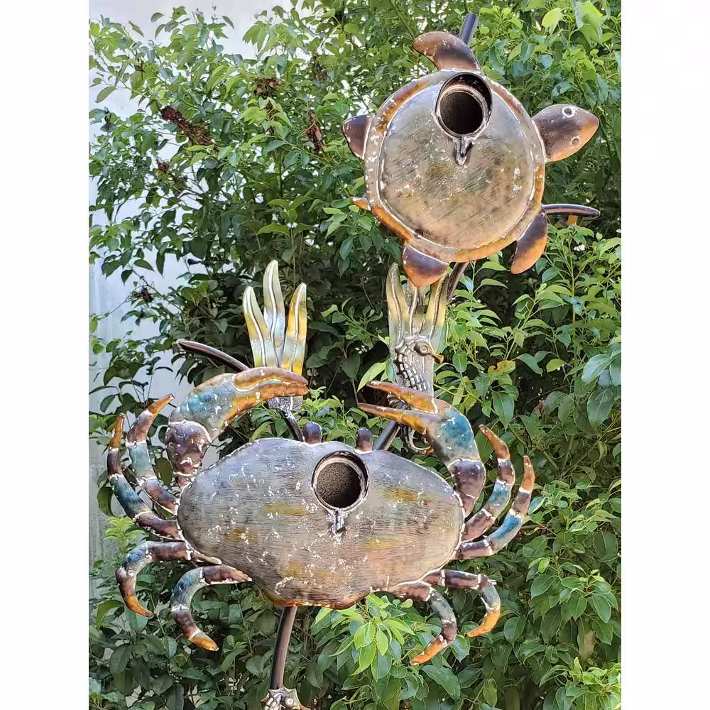 Zaer Ltd. International 85 in. Tall Coastal Style Birdhouse Stake - Sea Turtle and Crab