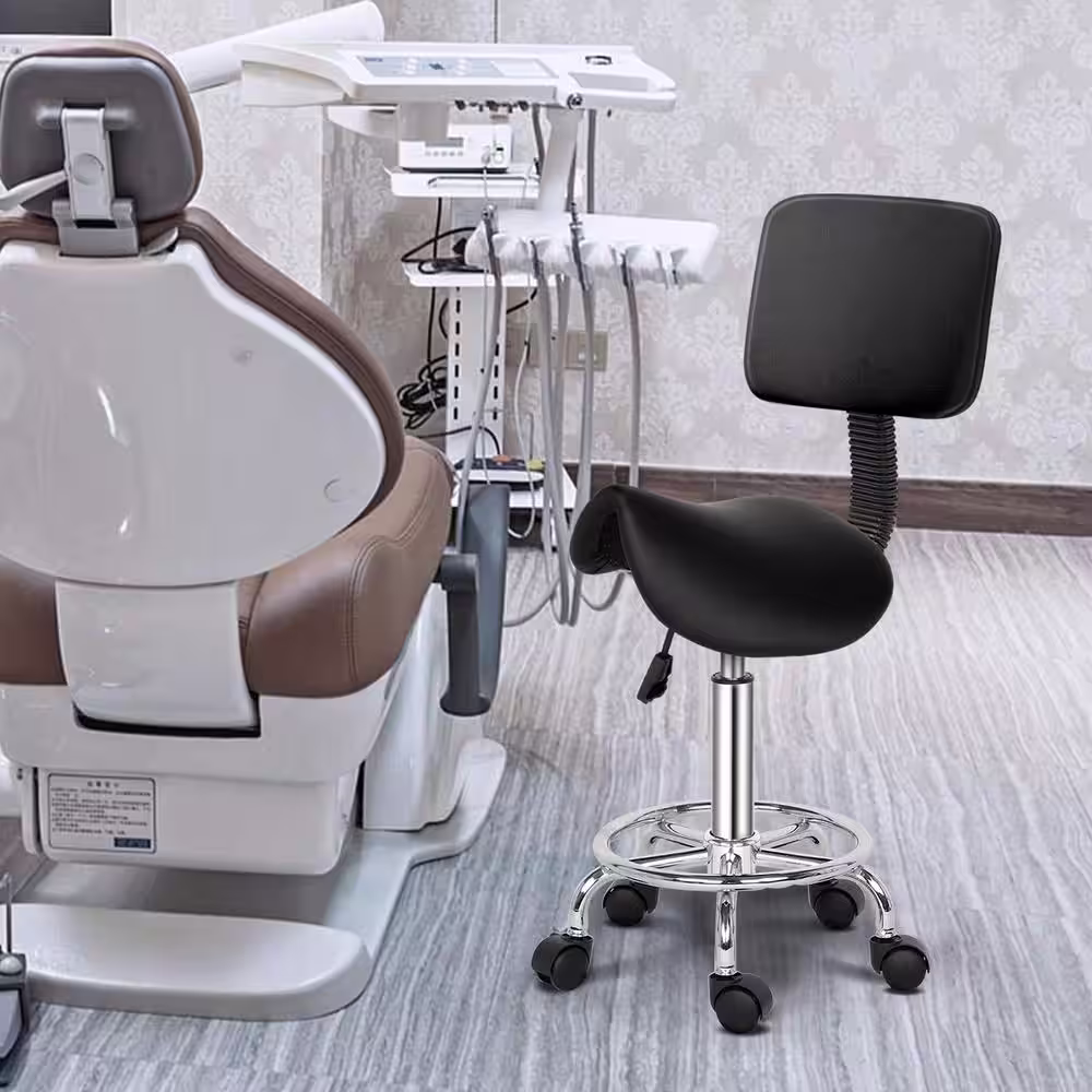 None Black PU Leather Seat Swivel Saddle Stool Adjustable Salon Chair with Backrest