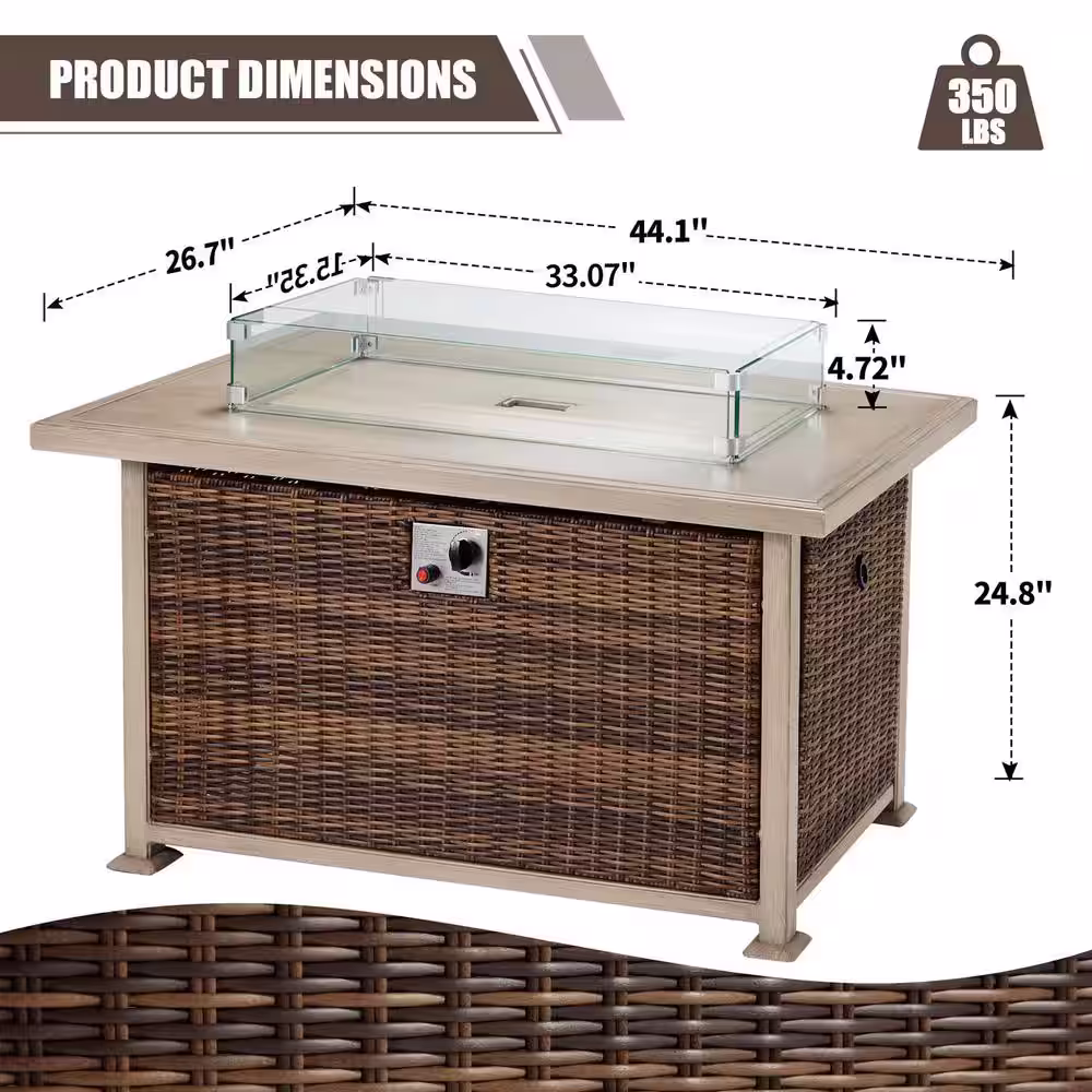 None Brown 44 in. Propane Wicker Outdoor Fire Pit Table Fire Table with Glass Wind Guard