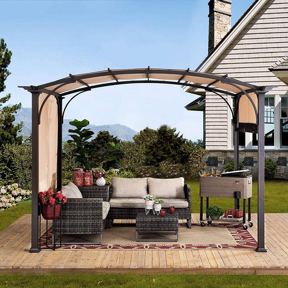 Sunjoy Sherman Oaks 9.5 ft. x 11 ft. Brown Steel Arched Pergola with 2-Tone Adjustable Shade