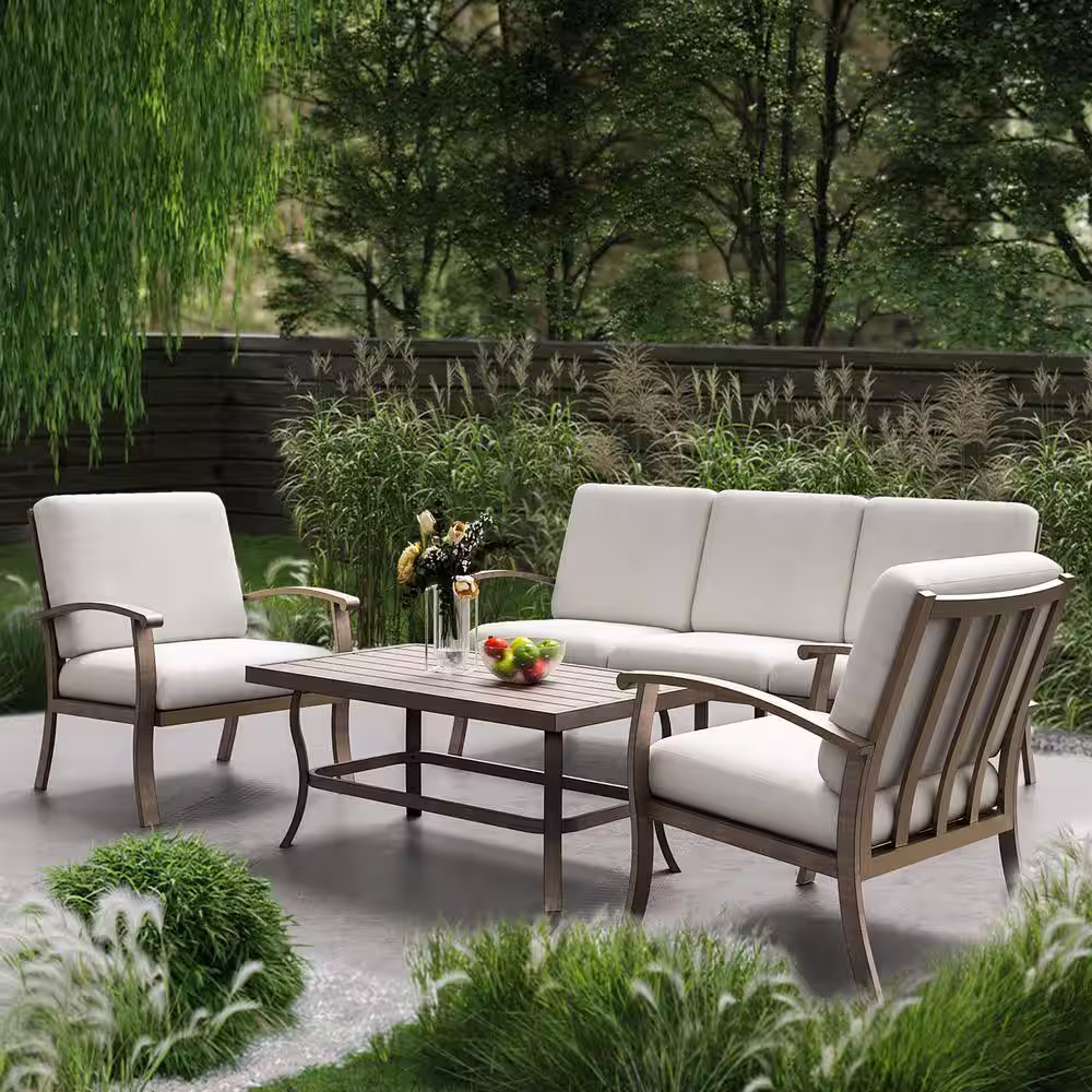 None 5-Person Aluminum Patio Conversation Set with Coffee Table and Light Gray Cushions