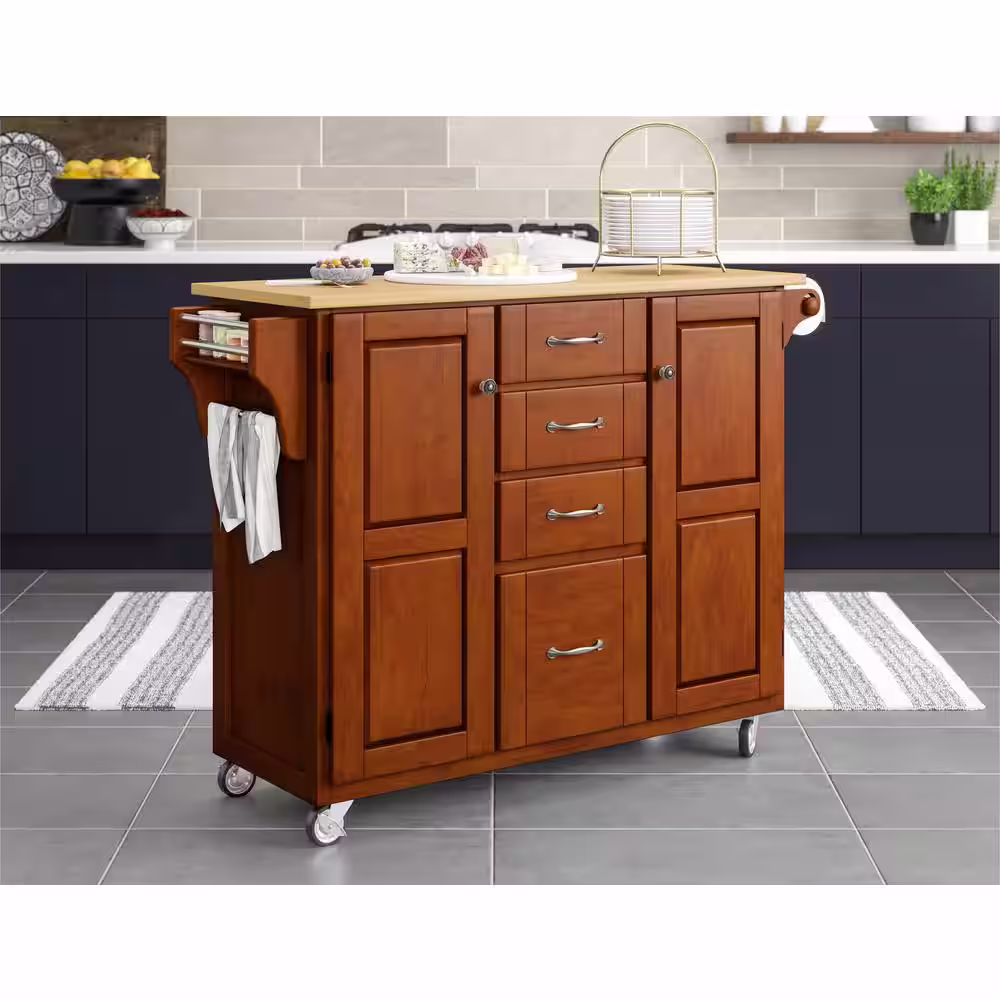 HOMESTYLES Create-a-Cart Cherry Kitchen Cart With Natural Wood Top