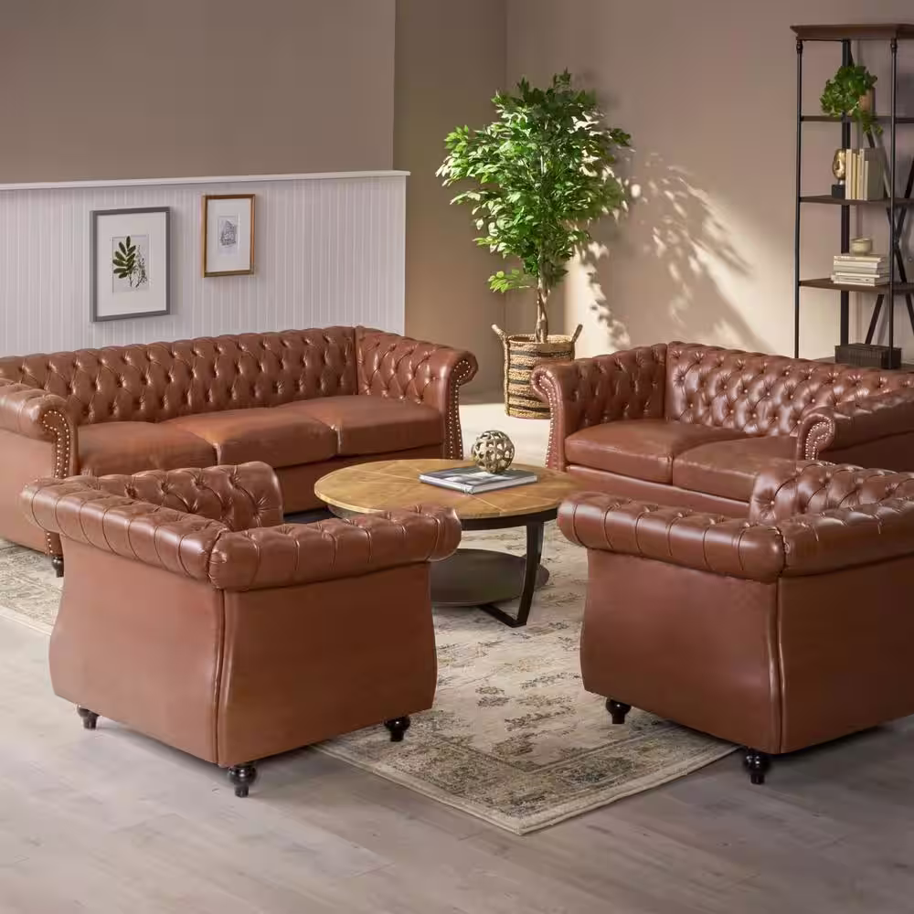 Noble House Silverdale 4-Piece Cognac Brown Living Room Sets