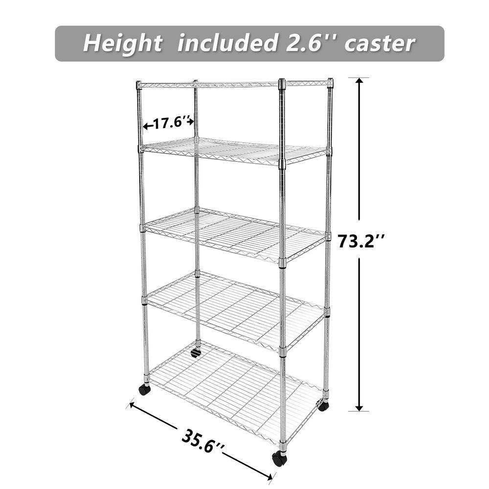 Amucolo Silver 5-Tier Steel Wire Shelving Unit with wheels (35.6 in. W x 73.2 in. H x 17.6 in. D)