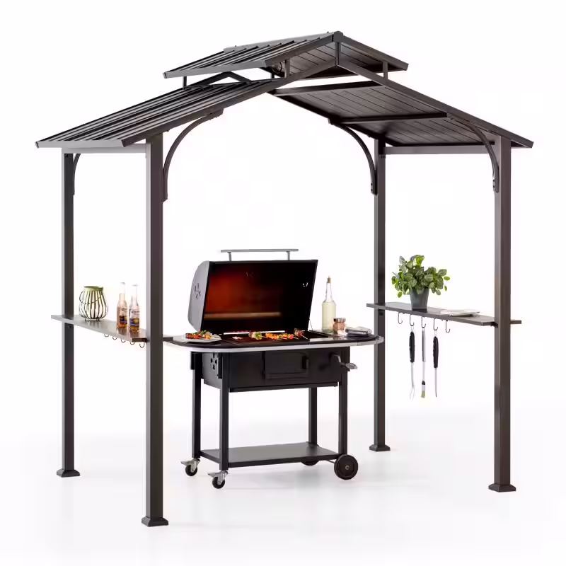 Sunjoy Seagate 5 ft. x 8 ft. Brown Steel 2-Tier Grill Gazebo Hardtop