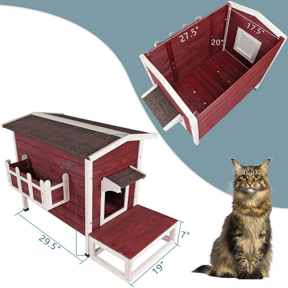 None Red Solid Wood Cat House Larger Design for 3 Adult Outdoor Cats Weatherproof