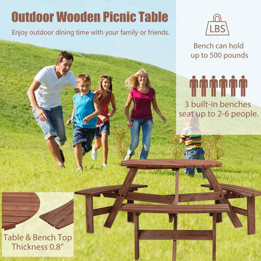 None 6-Person Wooden Picnic Table with 3 Built-in Benches and Umbrella Hole